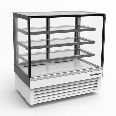 Display case with glass front and metal frame on a white background