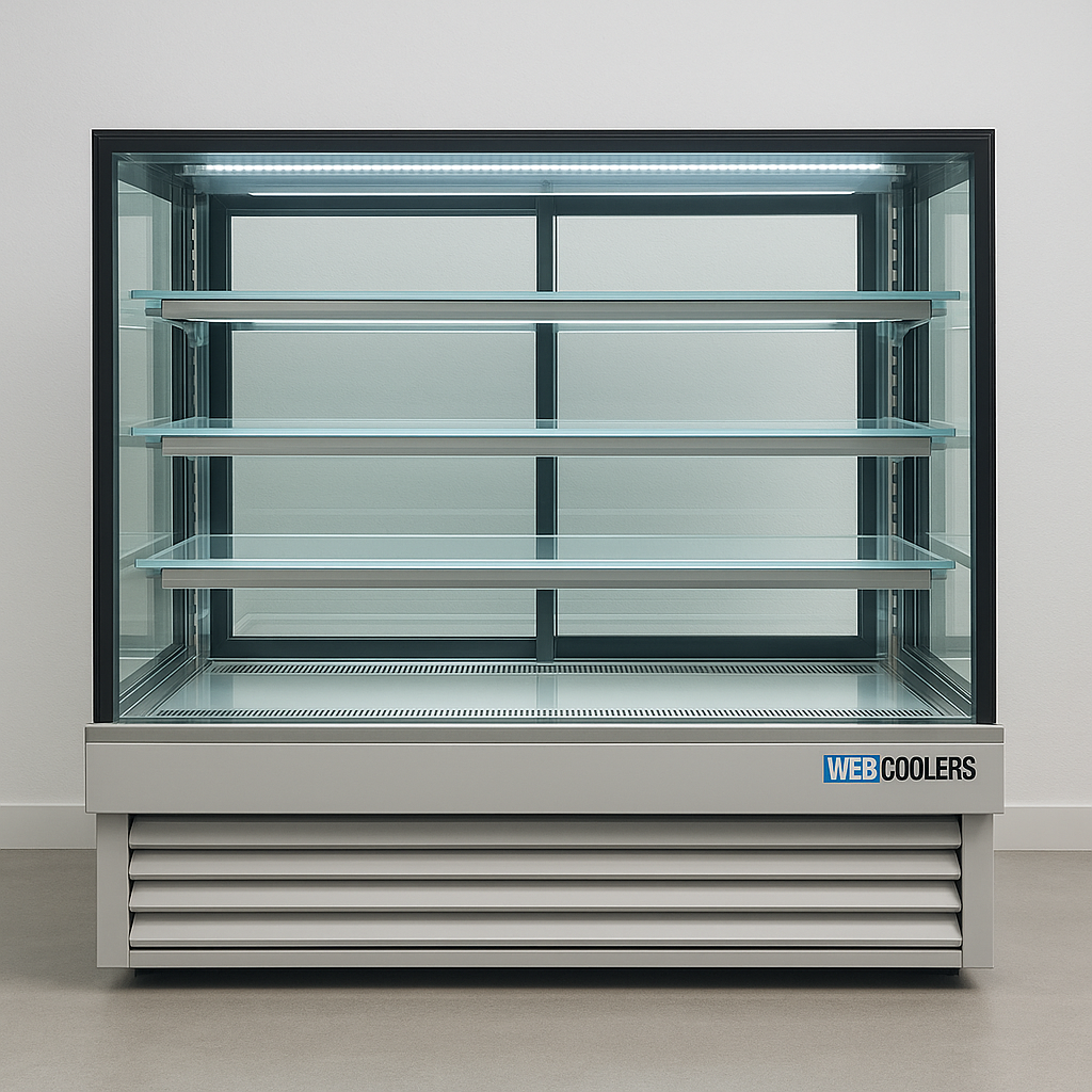 Glass display cooler with shelves on a white background, branded 'WEB Coolers'.