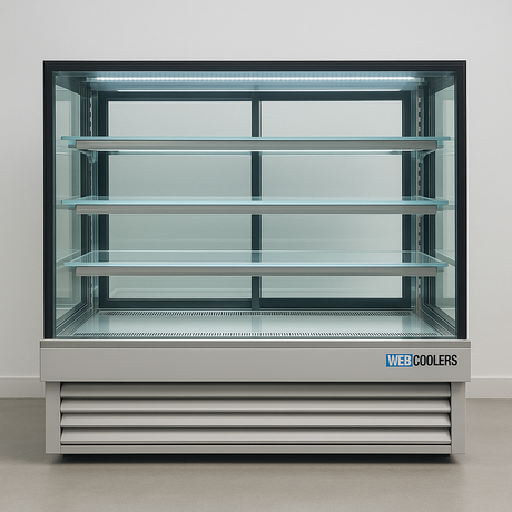 Glass display cooler with shelves on a white background, branded 'WEB Coolers'.