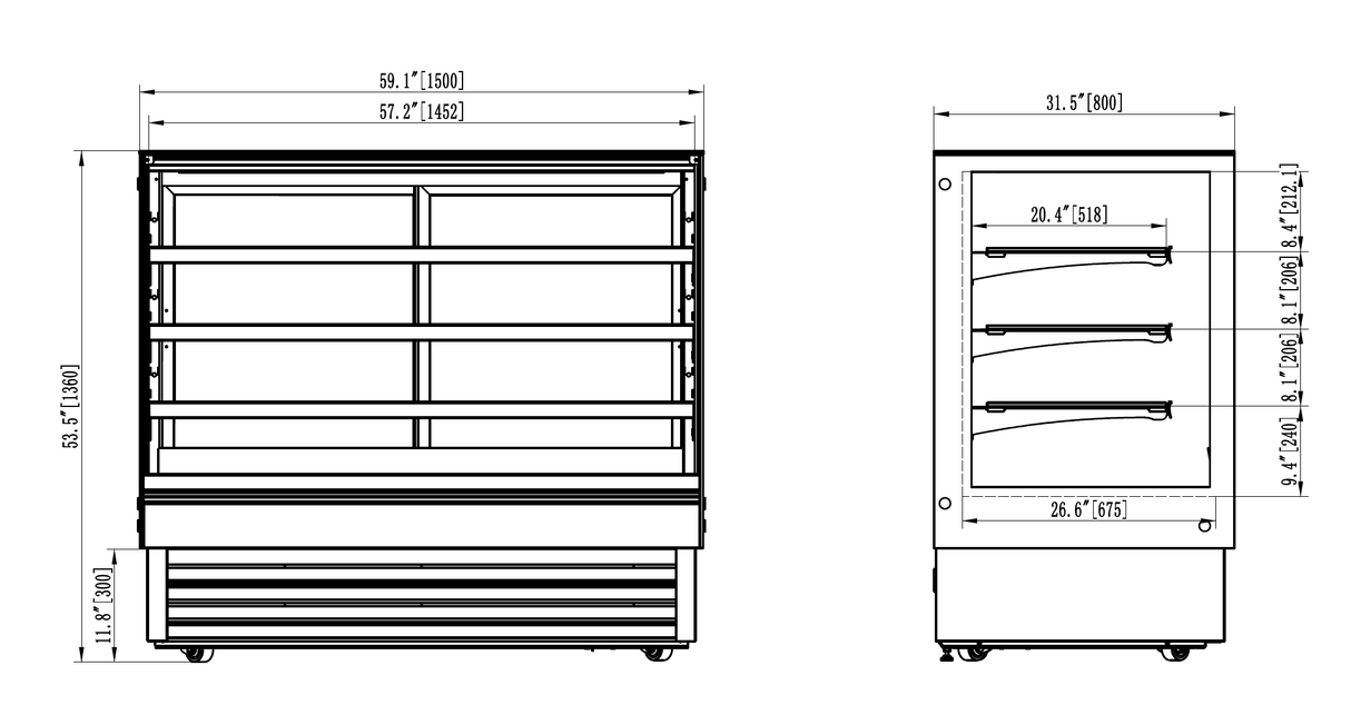 Technical drawing of a commercial refrigerator with dimensions labeled