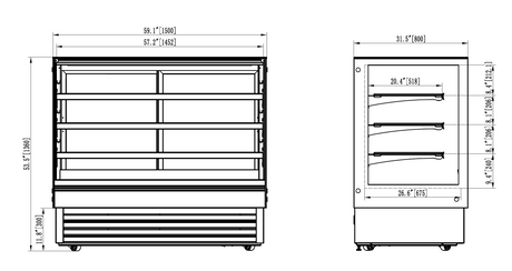 Technical drawing of a commercial refrigerator with dimensions labeled