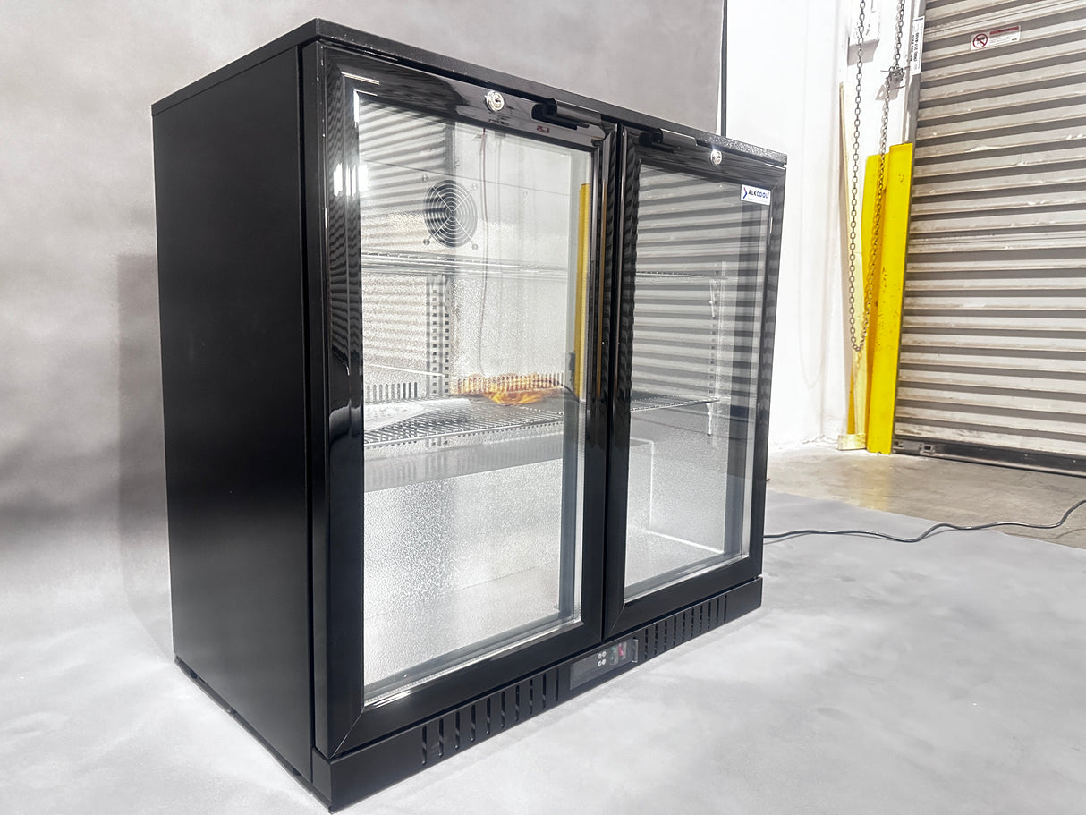 Sleek black ALKCOOL 17 cubic feet refrigerator with double-door front view