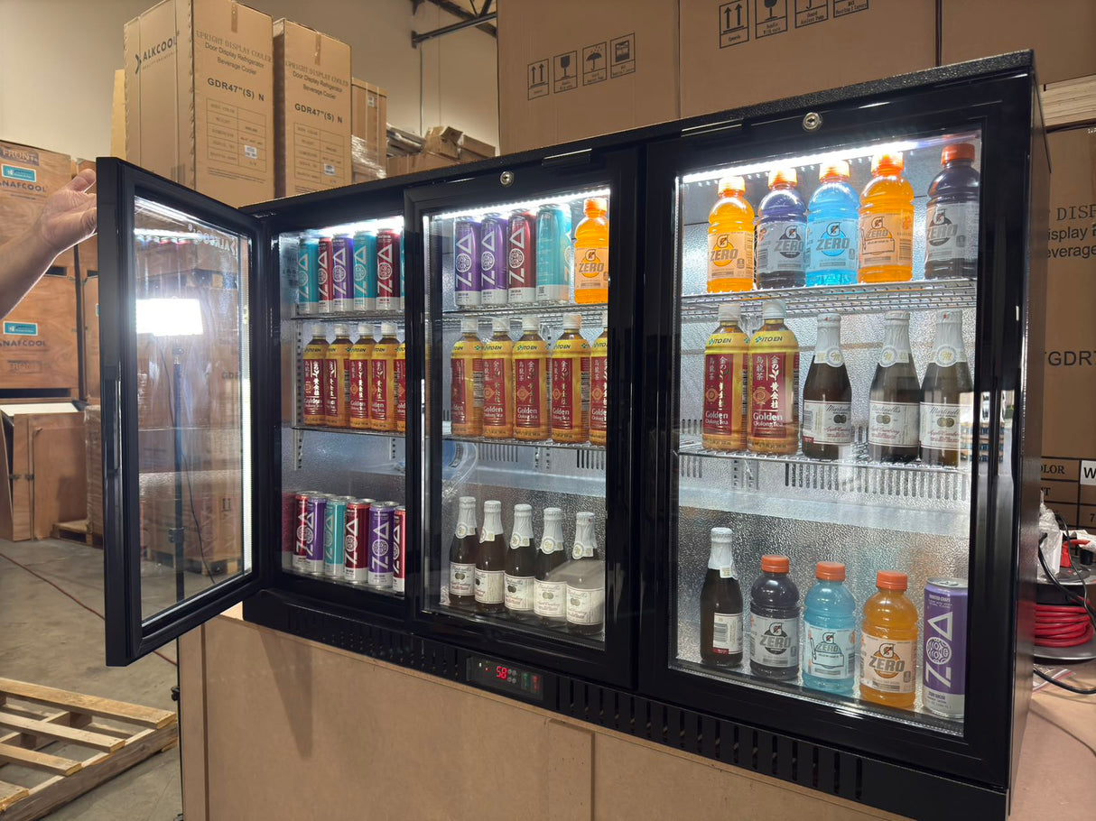 Interior of LG-330H refrigerator with six powder-coated wire shelves and LED lighting.