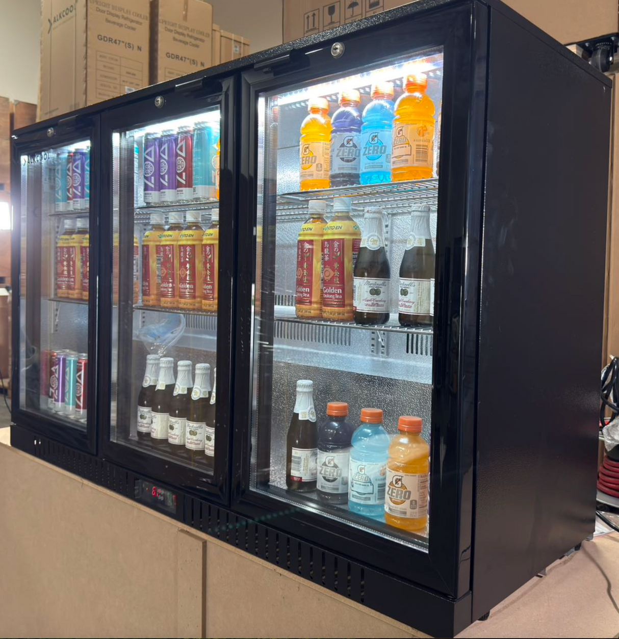Front view of LG-330H commercial bar refrigerator with triple glass doors and black finish.