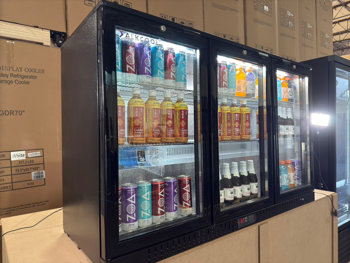 Digital temperature controls and lockable doors on LG-330H bar refrigerator.