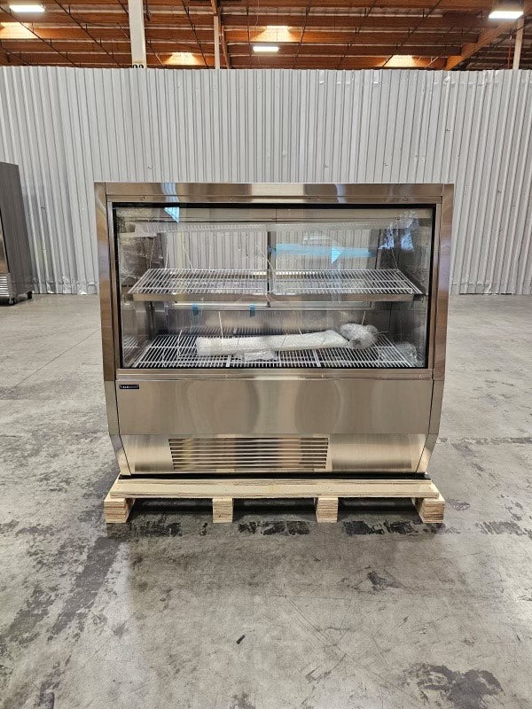 MT-60S flat glass refrigerated meat case with LED lighting and sliding doors.