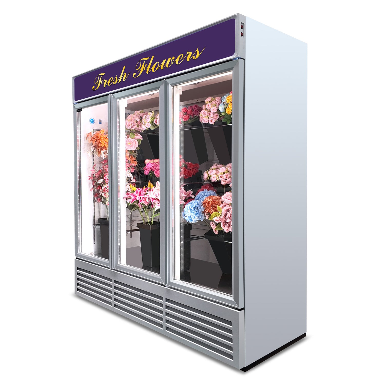 Interior of NAFCOOL floral refrigerator showcasing fresh flower arrangements