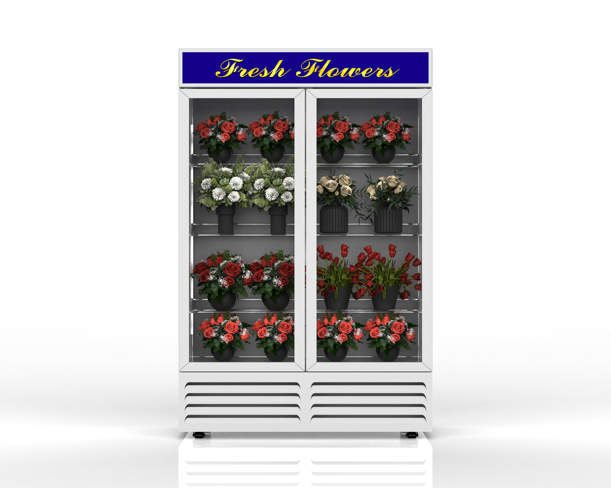 Side profile of NAFCOOL GDR47" refrigerated floral display case with bottom-mounted refrigeration and epoxy-coated evaporator.