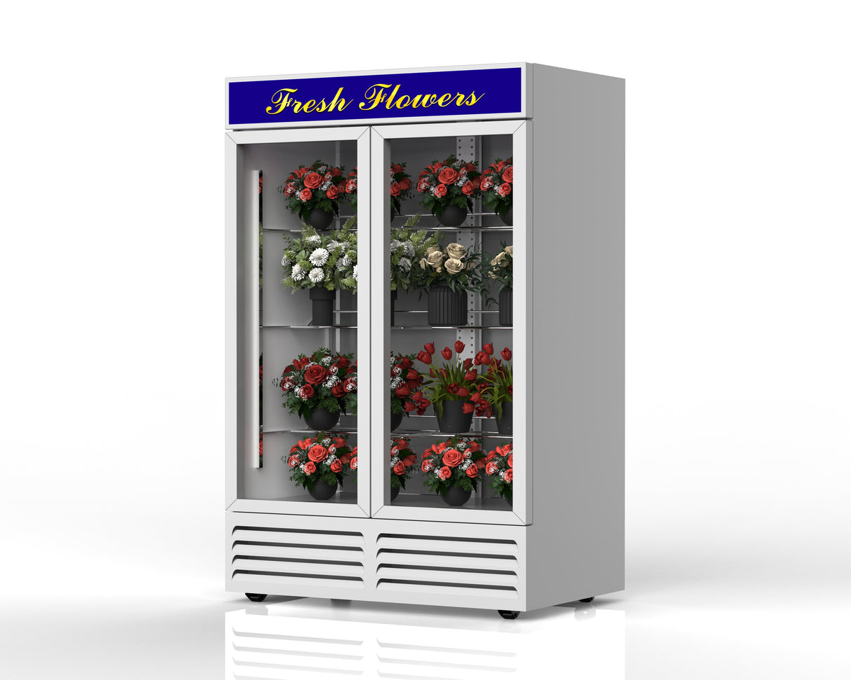 Front view of NAFCOOL GDR47" refrigerated floral case with LED lighting and adjustable shelves.