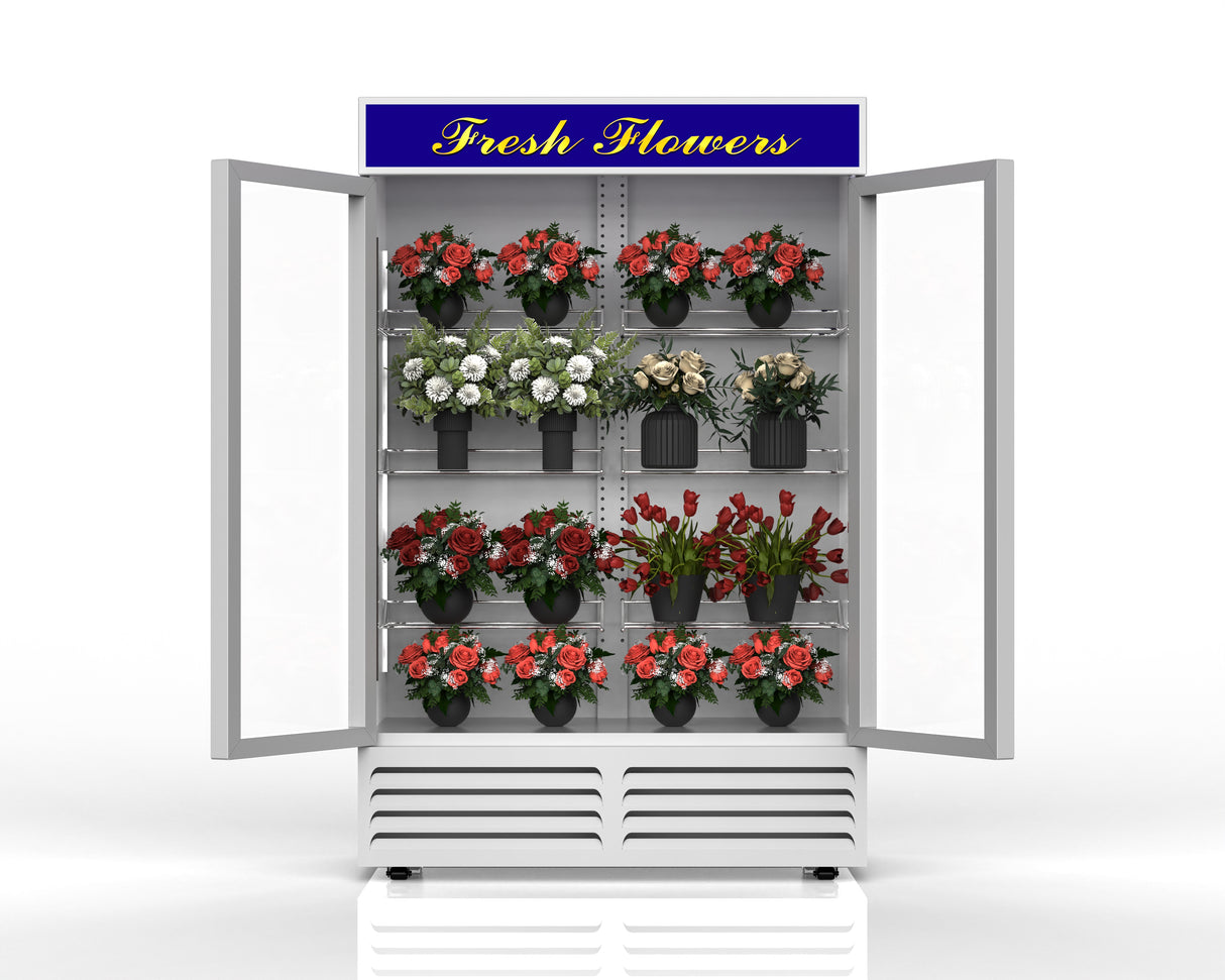 Interior of NAFCOOL GDR47" flower cooler showing eight adjustable PVC-coated wire shelves for fresh flower display.