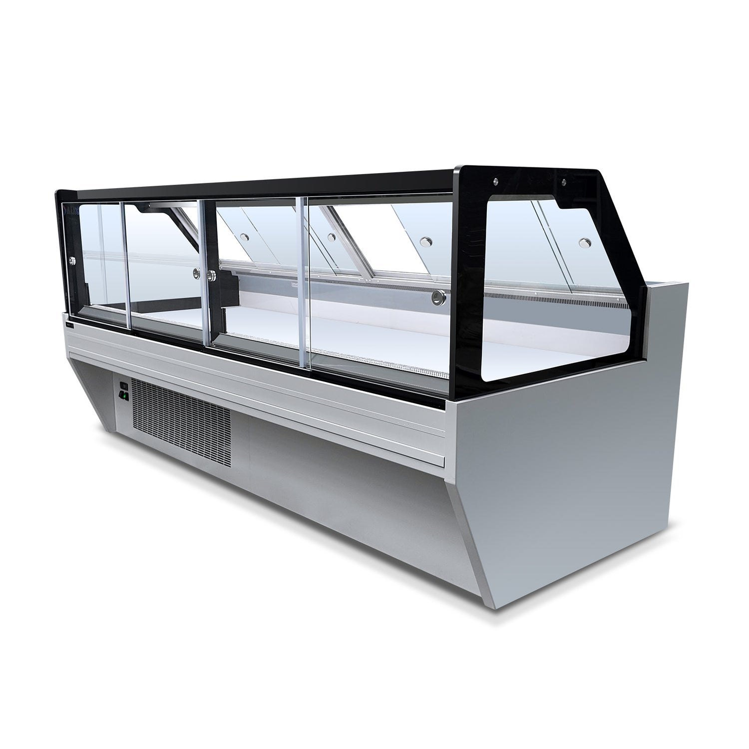 Premium 102-inch refrigerated display case with tempered sliding glass and LED lighting for bakery or deli use.