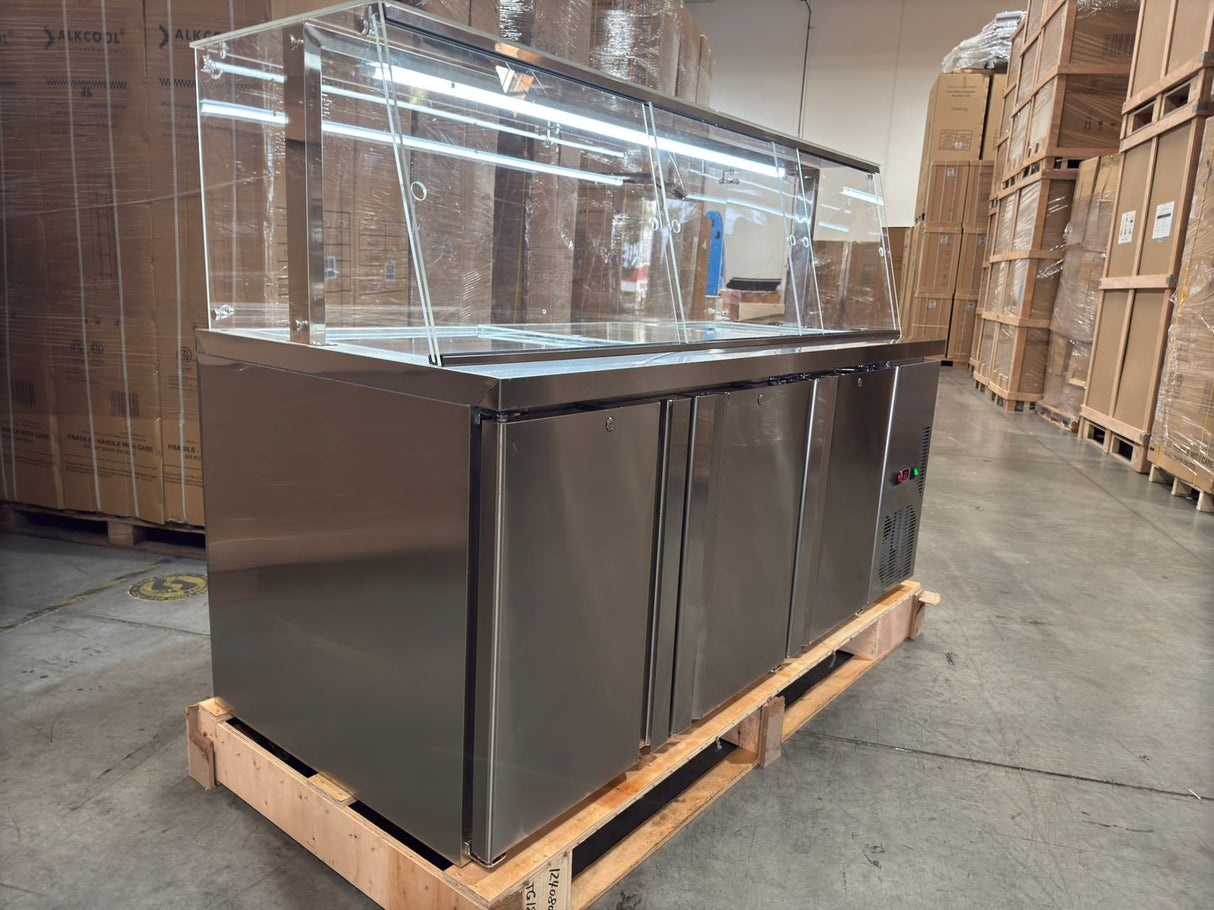 Front view of TG72'' sandwich prep table with open pan compartment and stainless steel base.