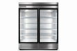 Stainless steel refrigerator with glass doors on a white background, branded 'ALKCOOL'.