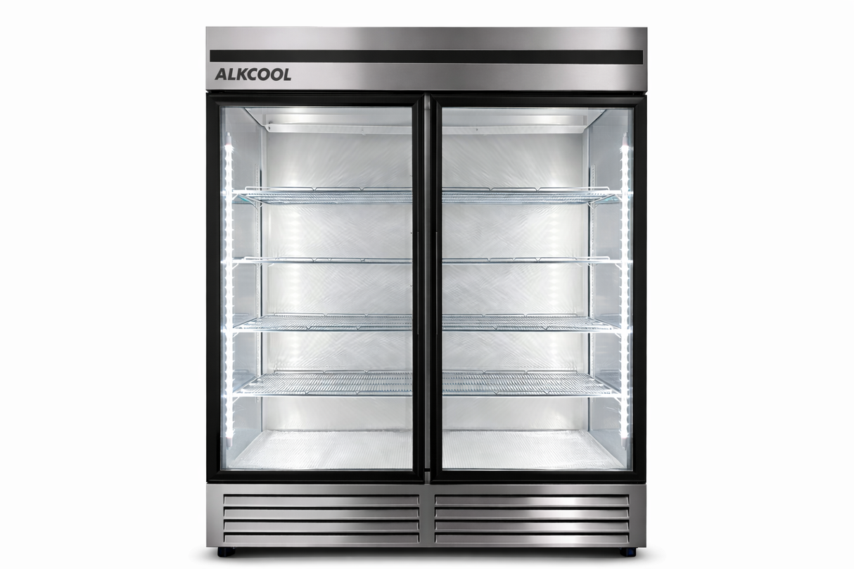 Stainless steel refrigerator with glass doors on a white background, branded 'ALKCOOL'.