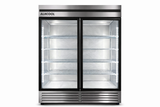Stainless steel refrigerator with glass doors on a white background, branded 'ALKCOOL'.