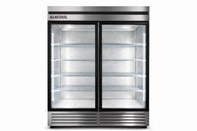 Stainless steel refrigerator with glass doors on a white background, branded 'ALKCOOL'.