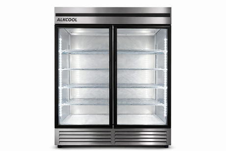 Stainless steel refrigerator with glass doors on a white background, branded 'ALKCOOL'.