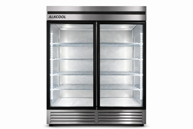 Stainless steel refrigerator with glass doors on a white background, branded 'ALKCOOL'.