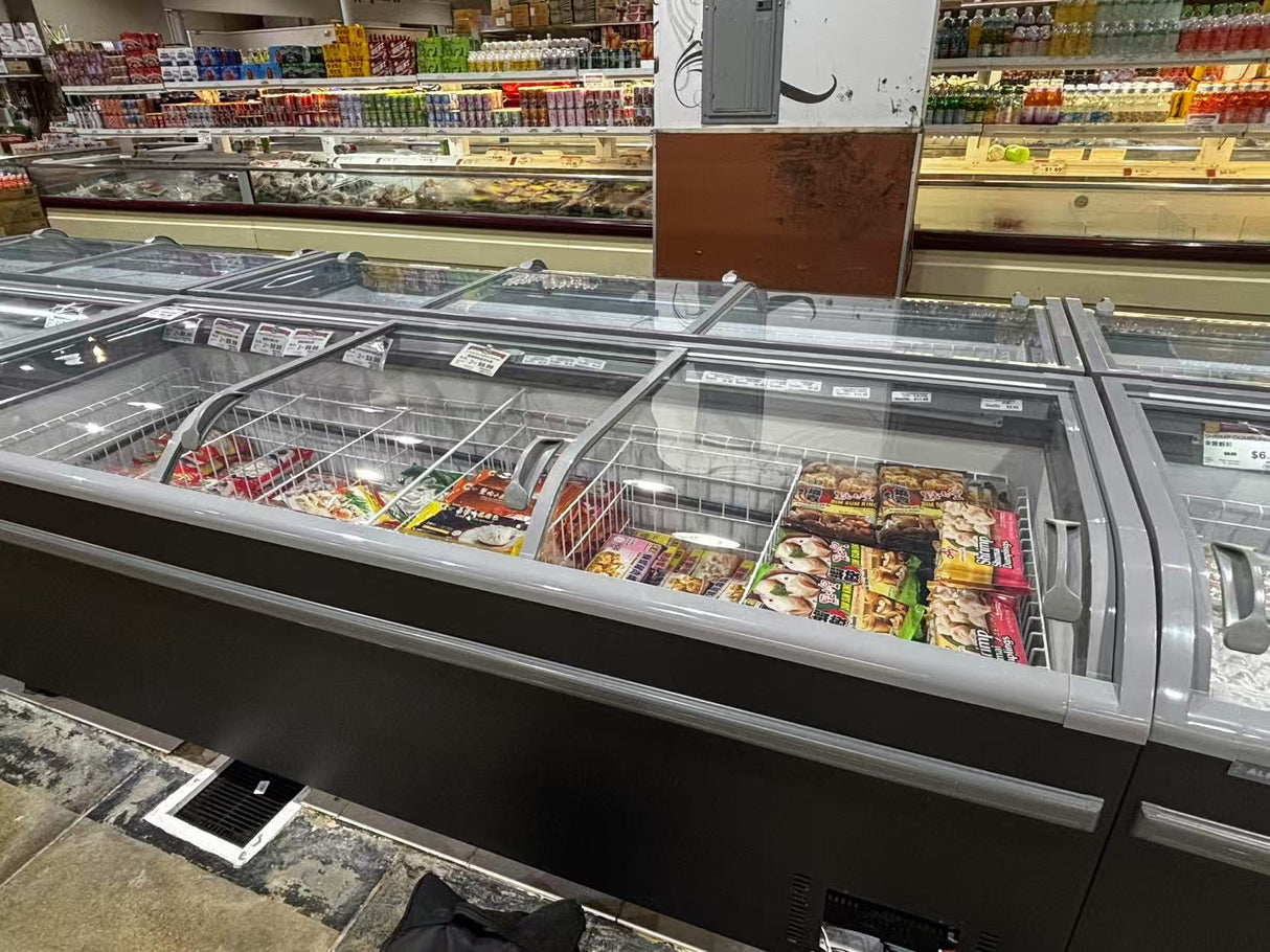 Frozen food display case in a grocery store with various products.