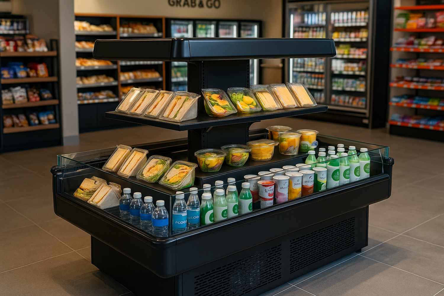 Display case with food and drinks in a store setting