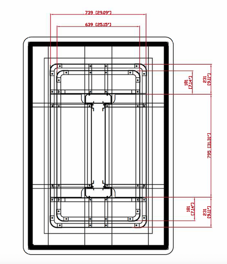 Technical drawing of a rectangular object with dimensions