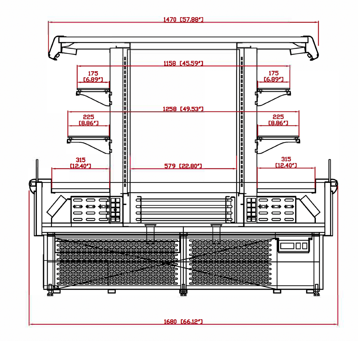 Technical drawing of a kitchen counter with dimensions labeled
