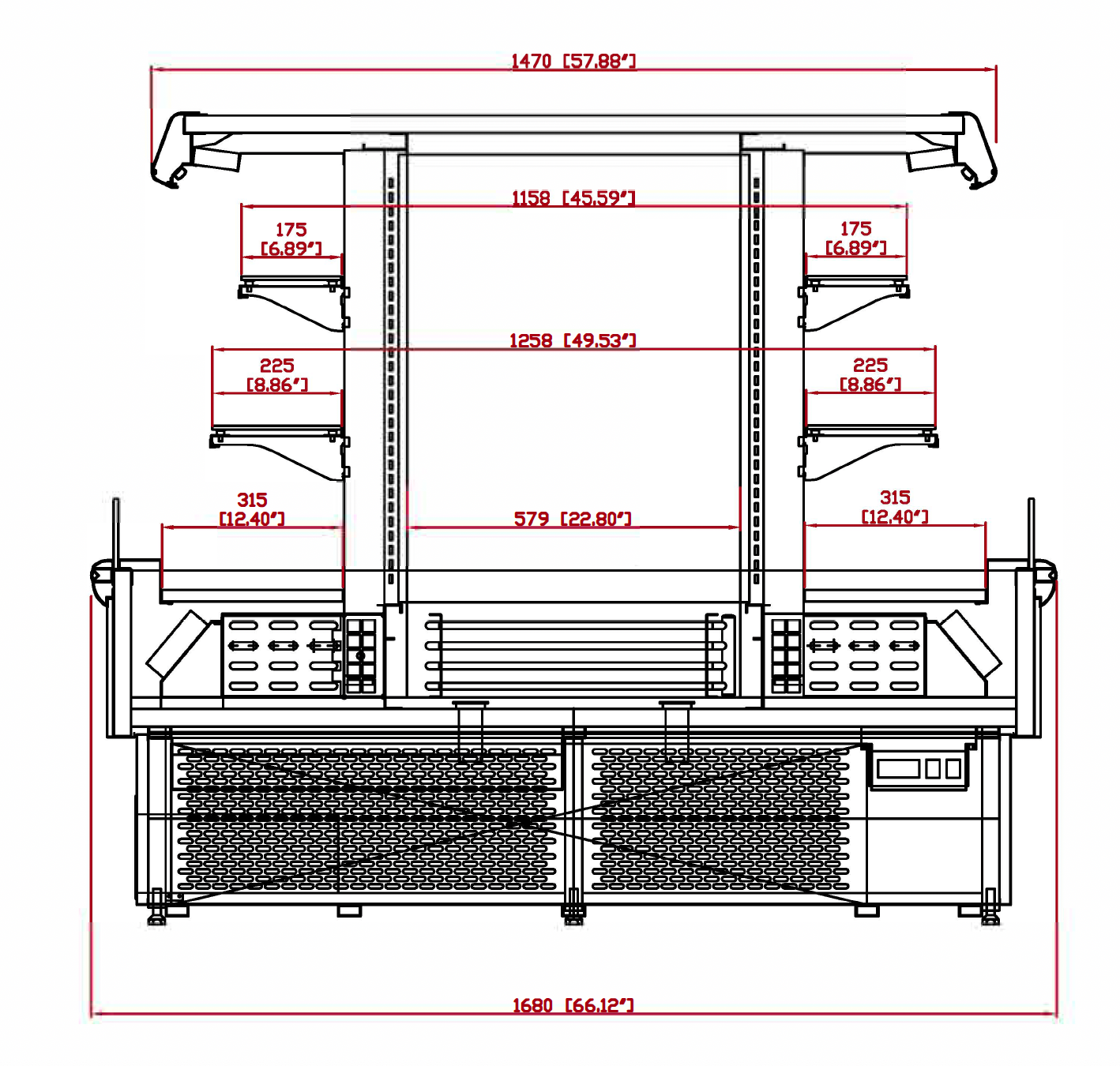 Technical drawing of a kitchen counter with dimensions labeled