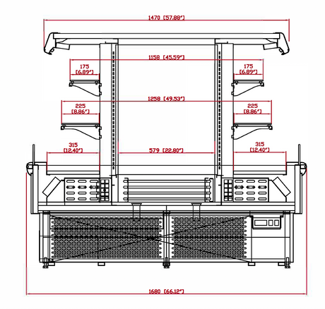 Technical drawing of a kitchen counter with dimensions labeled
