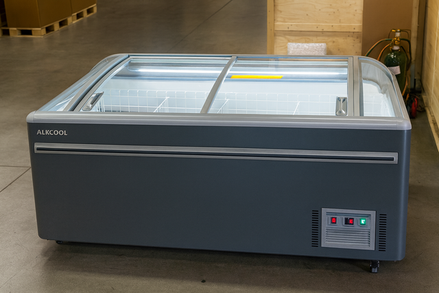 Large freezer with glass lid on a concrete floor, brand 'ALKCOOL' visible