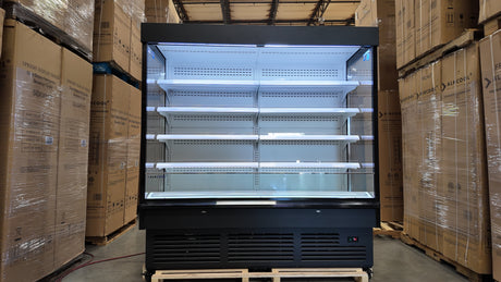 78 inch commercial open air merchandiser display cooler with LED canopy and black-coated cold-rolled steel frame, 36 cu ft capacity, energy efficient with R290 refrigerant