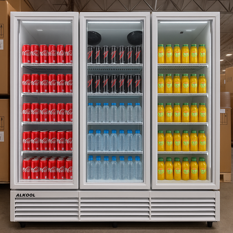 Fridge stocked with Coca-Cola cans, Sprite bottles, and other drinks.