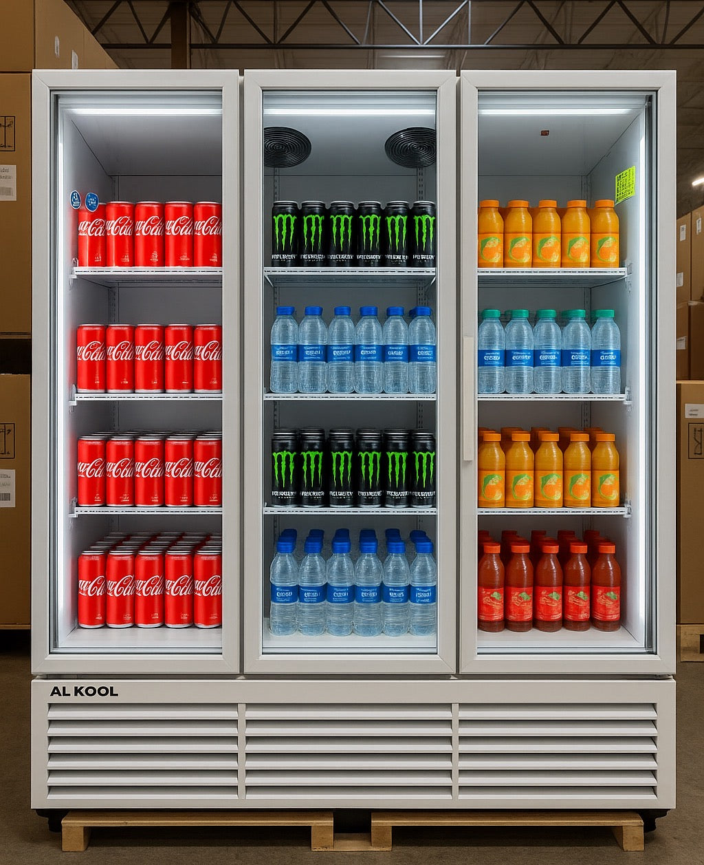 Fridge stocked with various drinks including Coca-Cola, Monster Energy, and Fanta.