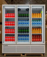 Fridge stocked with various drinks including Coca-Cola, Monster Energy, and Fanta.