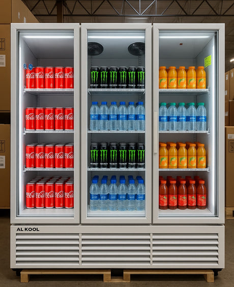 Fridge stocked with various drinks including Coca-Cola, Monster Energy, and Fanta.