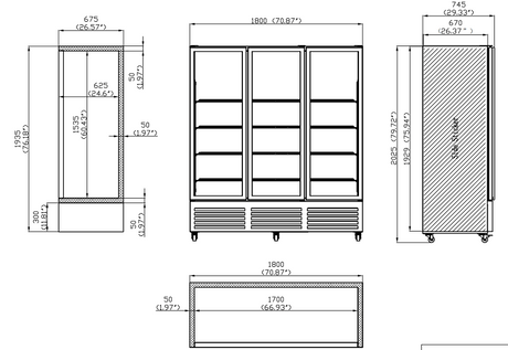 Technical drawing of a refrigerator with dimensions labeled
