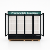 Glossary freezer with open doors labeled 'Premium Cold Selections' on a white background