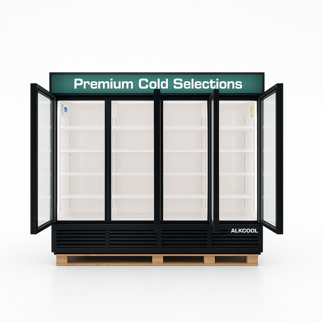 Glossary freezer with open doors labeled 'Premium Cold Selections' on a white background