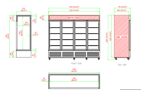 Technical drawing of a refrigerator with dimensions labeled