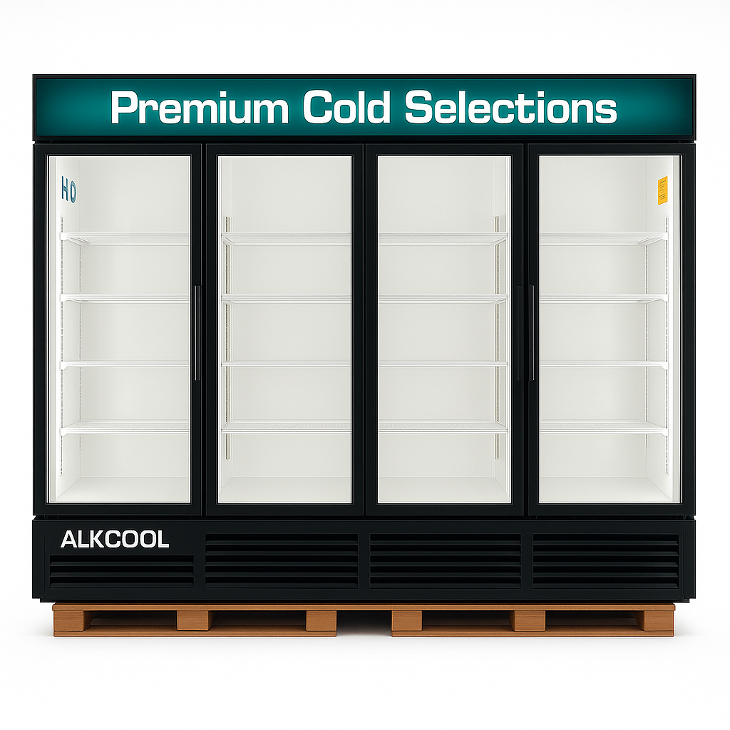 Large commercial freezer with glass doors labeled 'Premium Cold Selections' on a white background