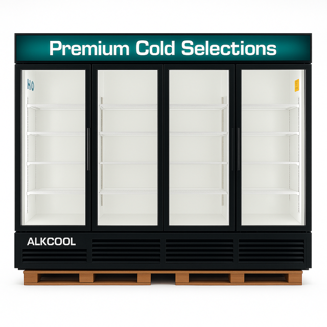 Large commercial freezer with glass doors labeled 'Premium Cold Selections' on a white background