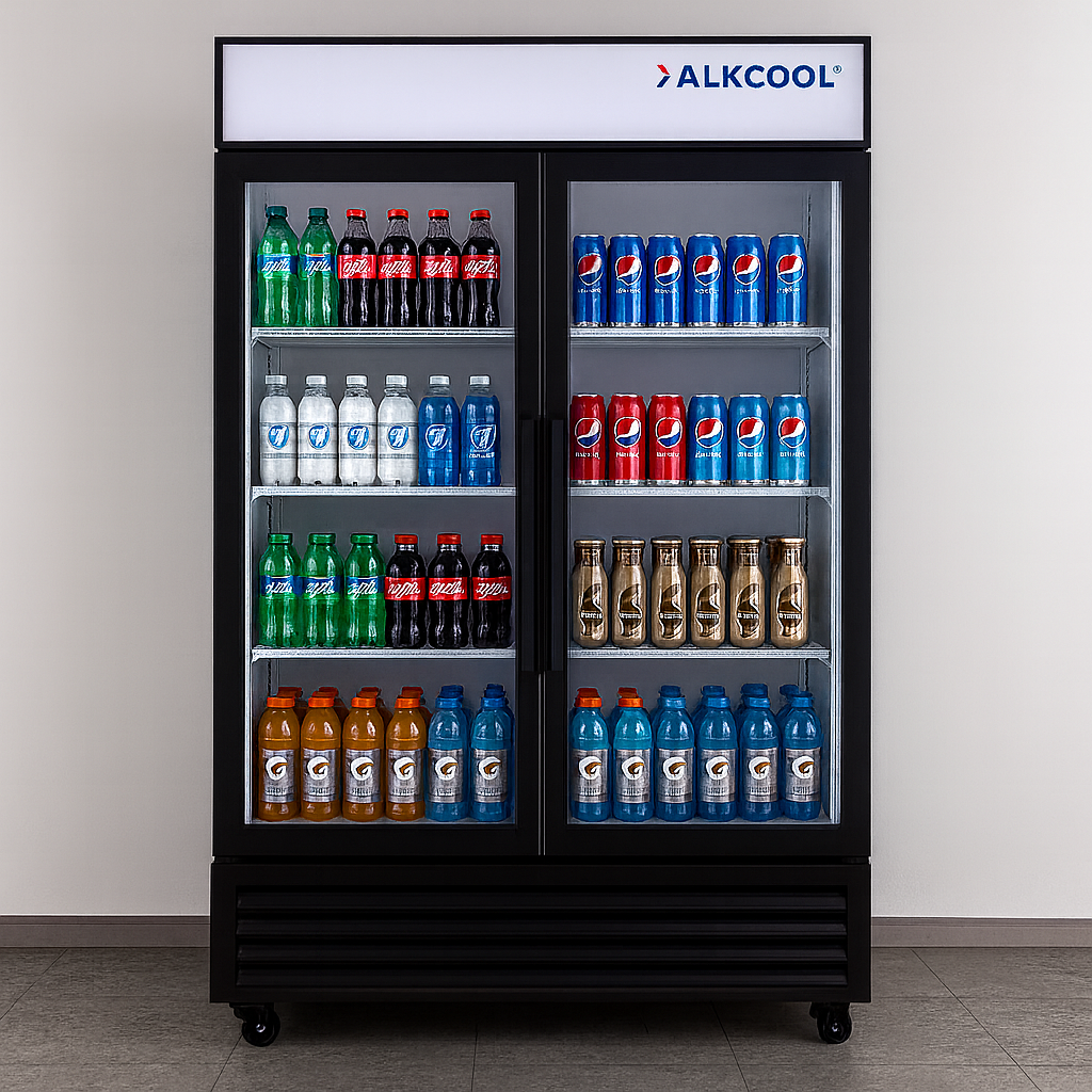 Alkcool refrigerator with various drinks on shelves against a plain background