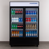 Alkcool refrigerator with various drinks on shelves against a plain background