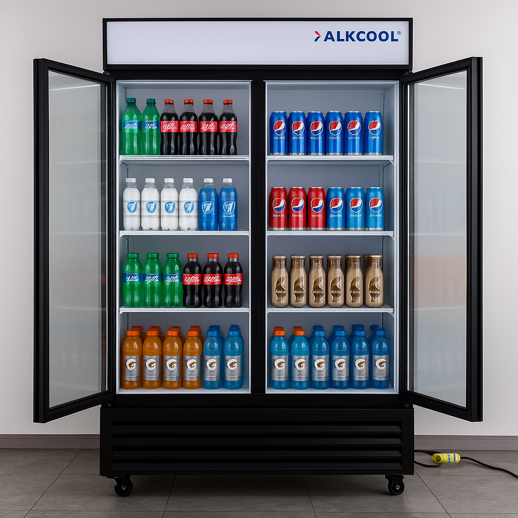 Alkcool refrigerator with various drinks on shelves against a white wall.