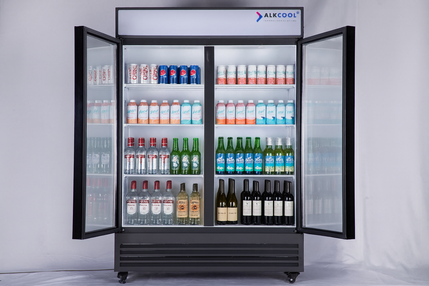 Alkool refrigerator with drinks on a white background