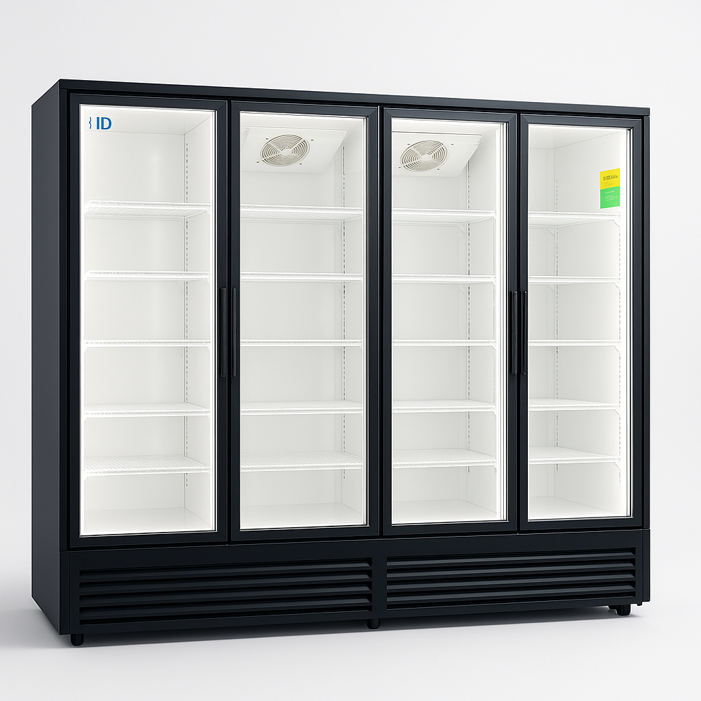 Black refrigeration unit with glass doors on a white background