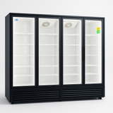 Black refrigeration unit with glass doors on a white background