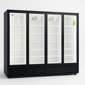 Black refrigeration unit with glass doors on a white background