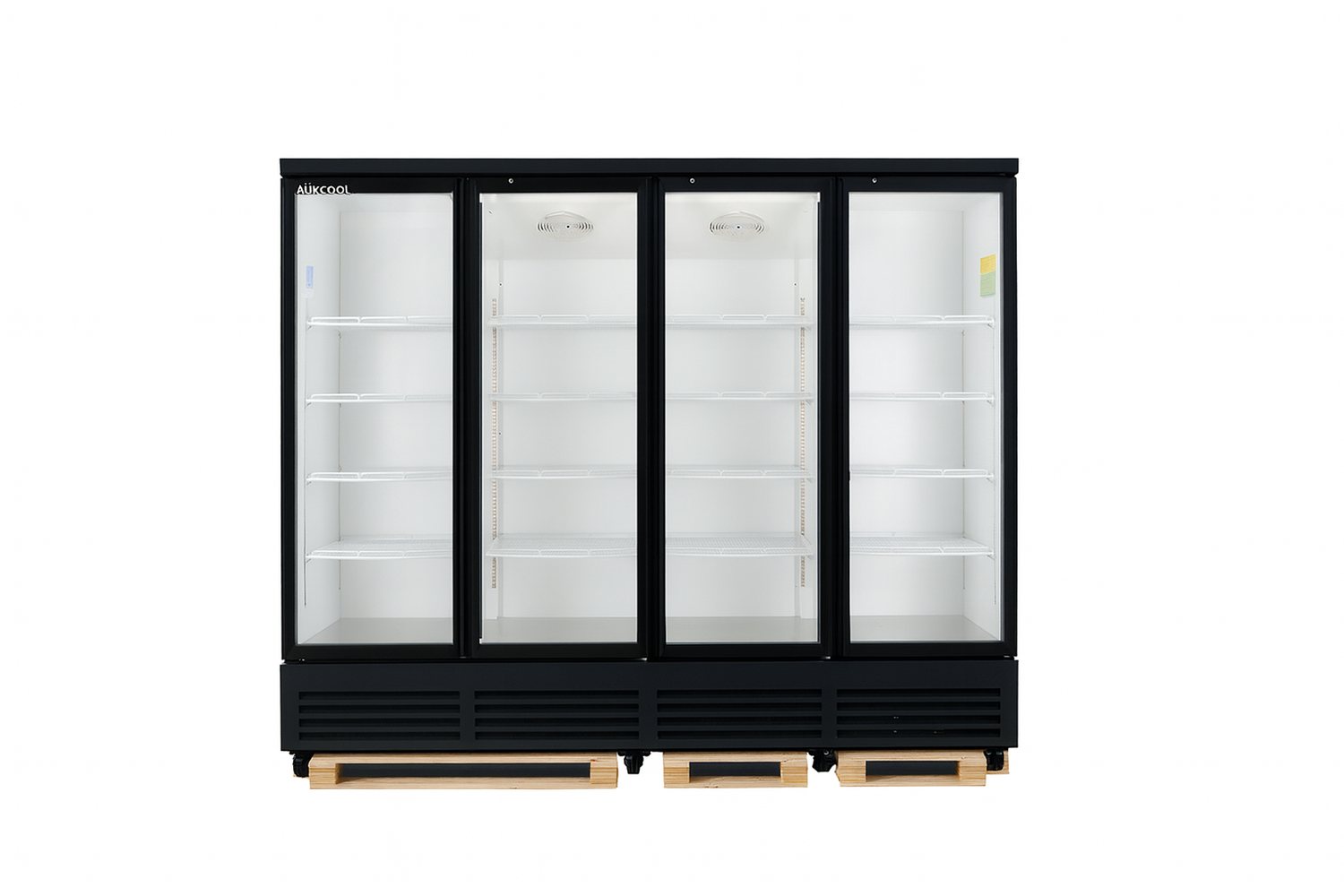 Commercial refrigerator with glass doors on a white background