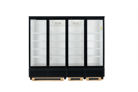 Commercial refrigerator with glass doors on a white background