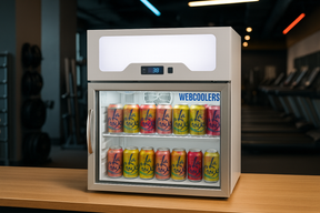 Small refrigerator with colorful cans of LaCroix on a wooden surface.